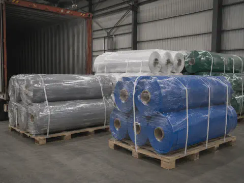 Export packaging of construction site cover rolls for bulk shipment