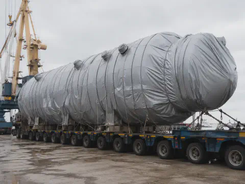 Gray tarpaulin cover protecting a large pressure vessel during transport