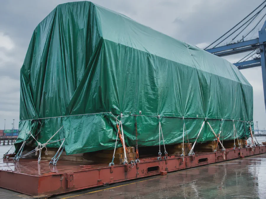 Green tarpaulin cover protecting cargo in a wet port yard