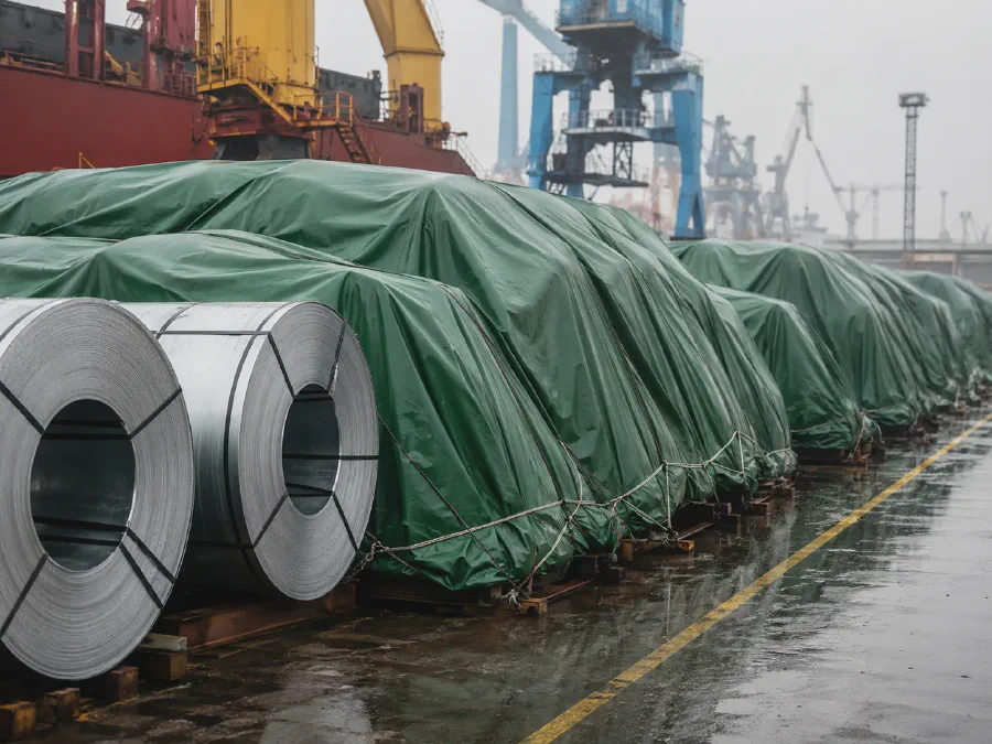 Green tarpaulin rain cover protecting steel coils at a port yard