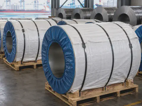 Steel coils wrapped with woven packaging material for export handling