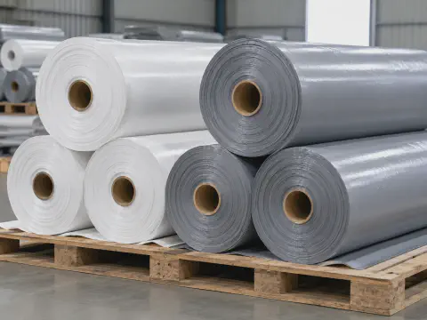 Silver and white waterproof tarpaulin fabric rolls for industrial cover production