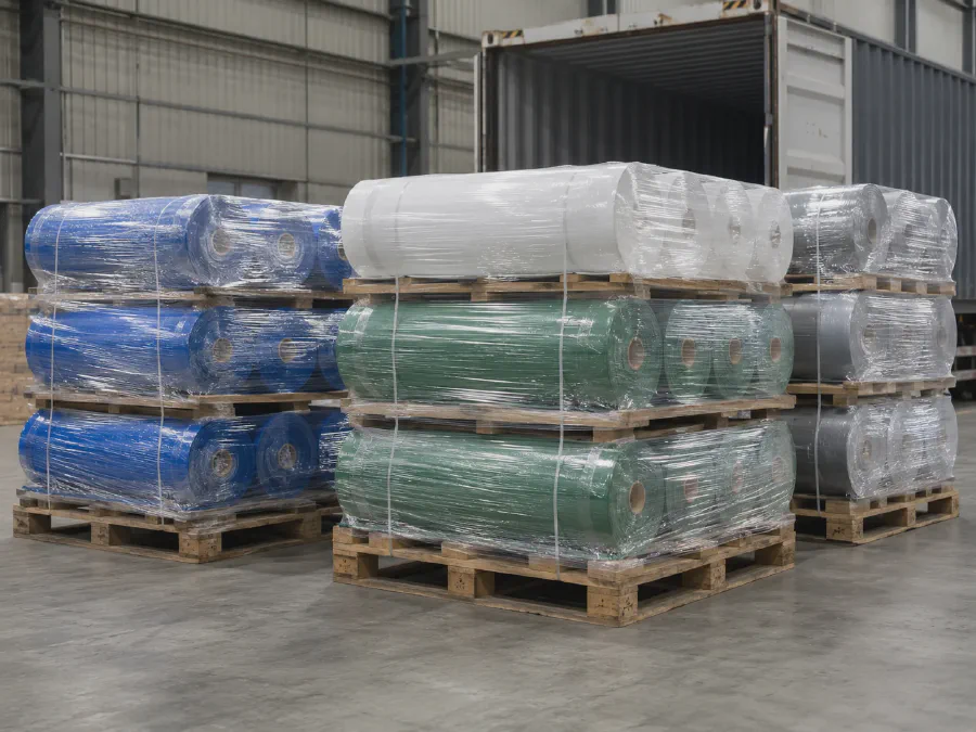 Tarpaulin fabric rolls prepared for export packing