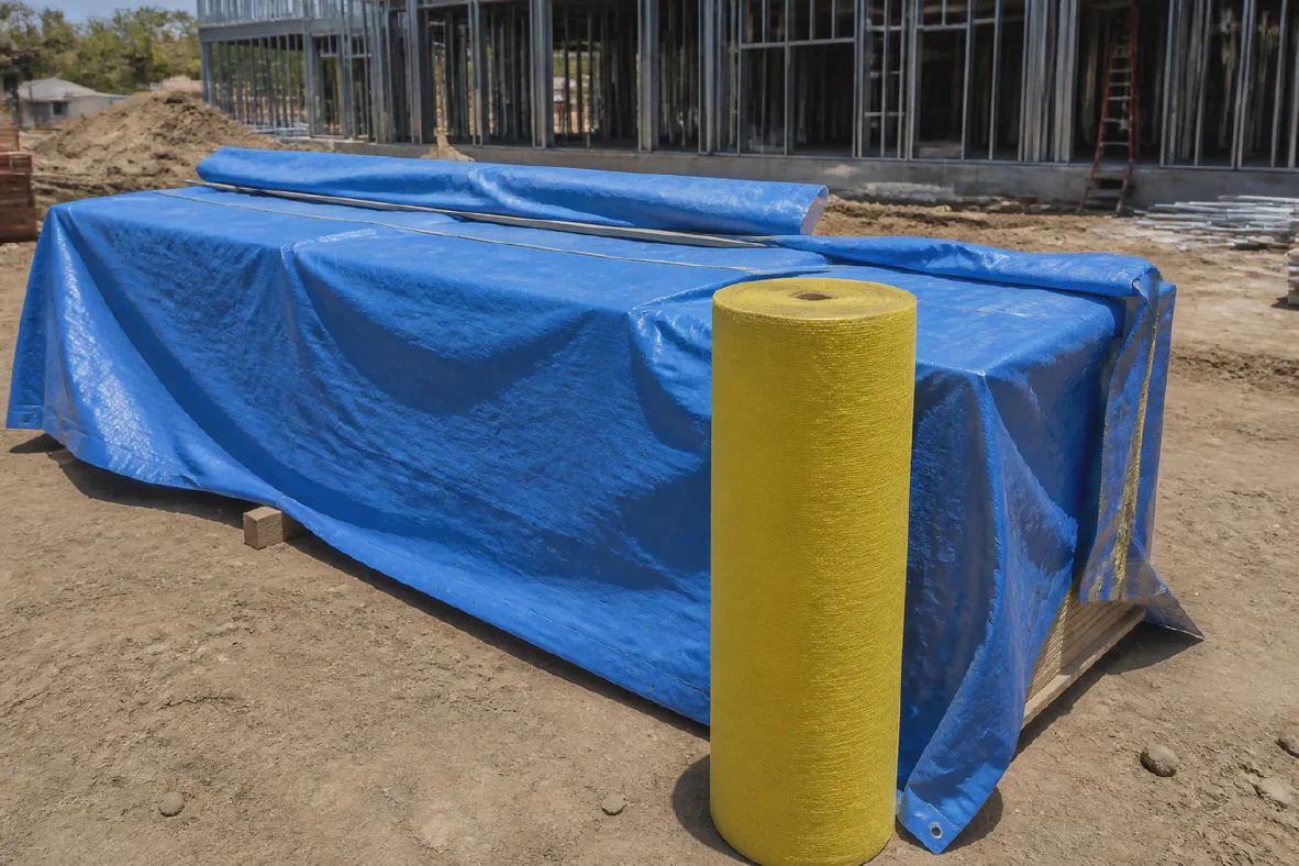 Construction materials covered next to a woven fabric roll