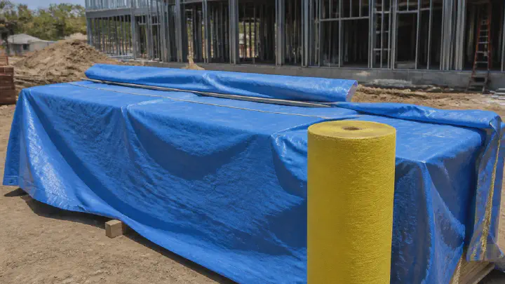 Construction materials covered next to a woven fabric roll