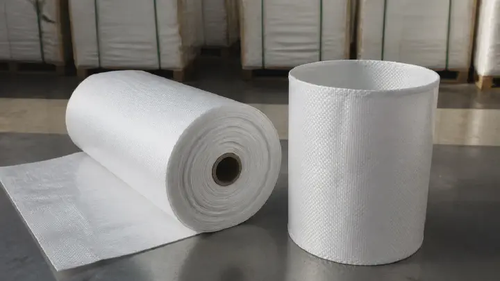 Flat woven fabric roll beside tubular woven fabric