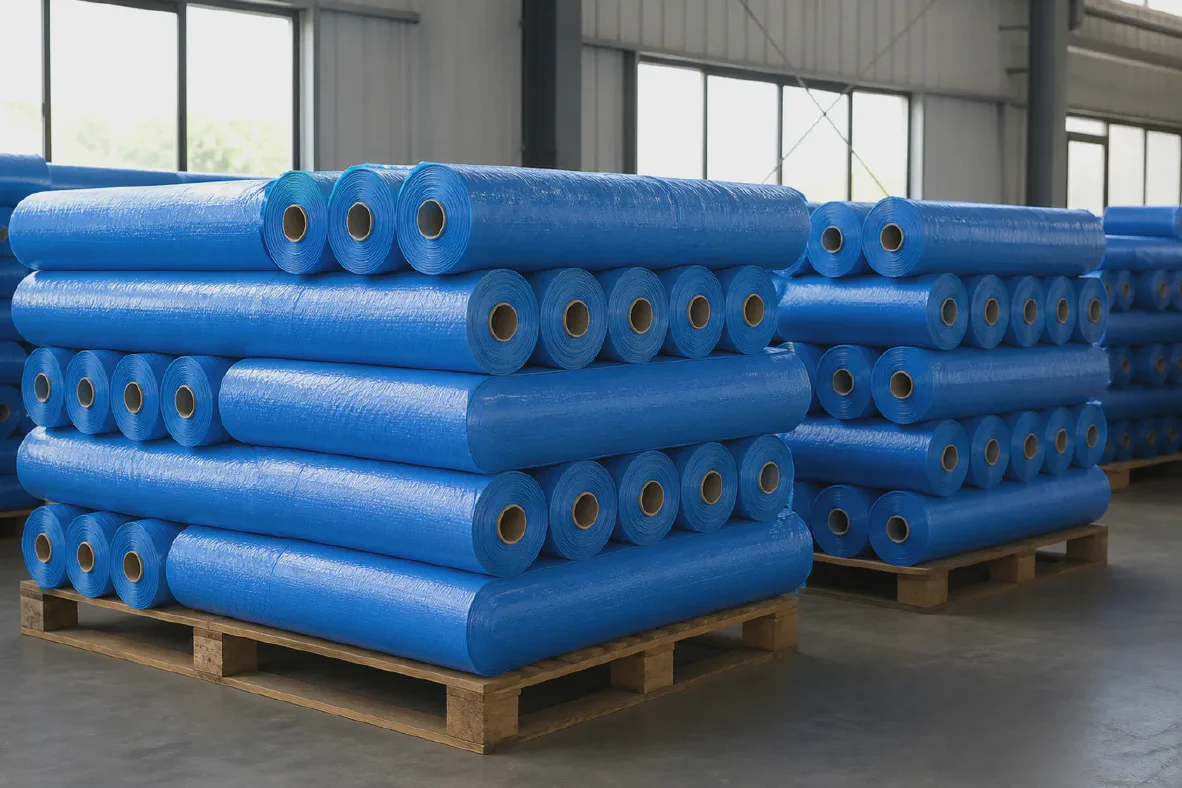 Pallet lot of identical blue woven fabric rolls