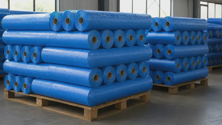 Pallet lot of identical blue woven fabric rolls