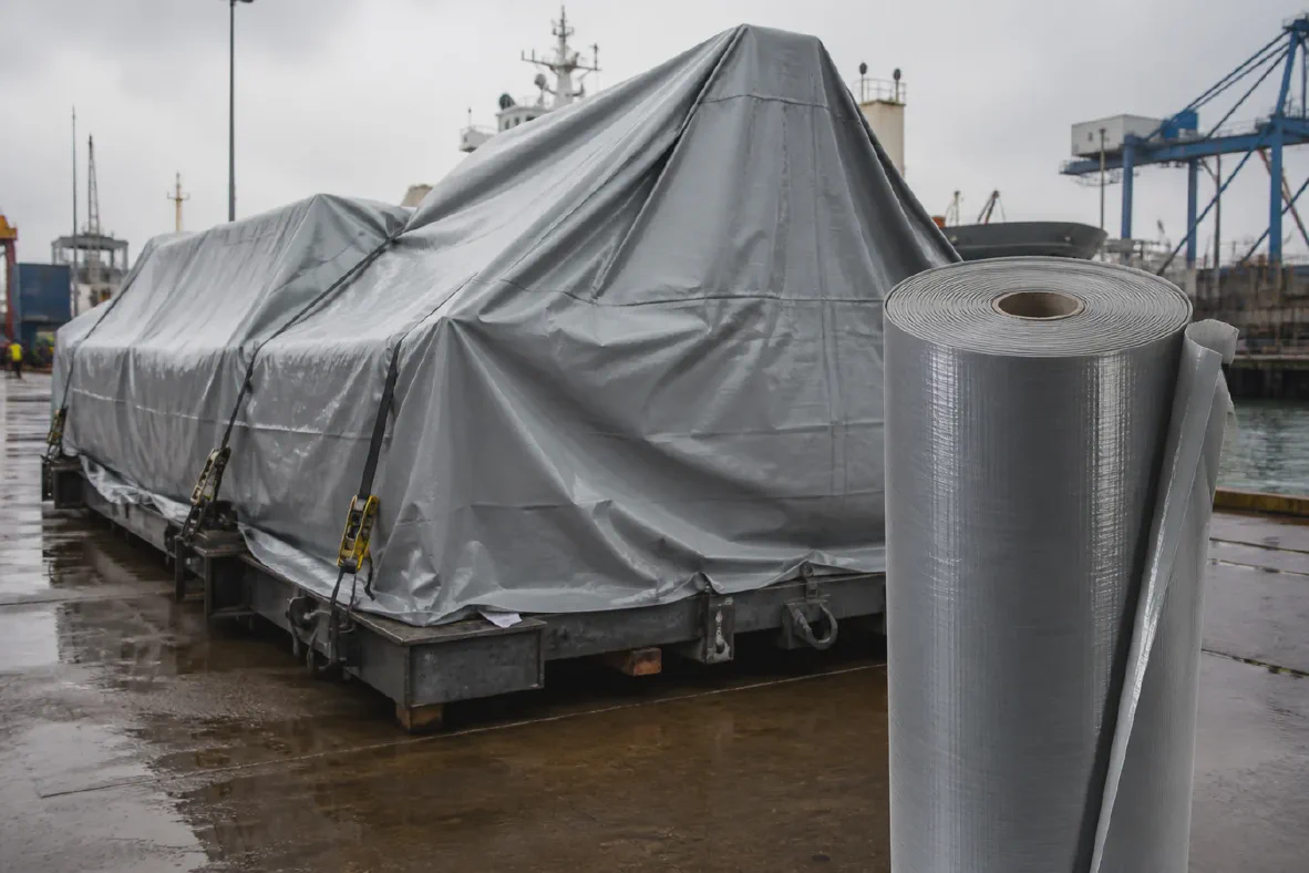 Outdoor cargo covered with laminated woven fabric and a matching roll