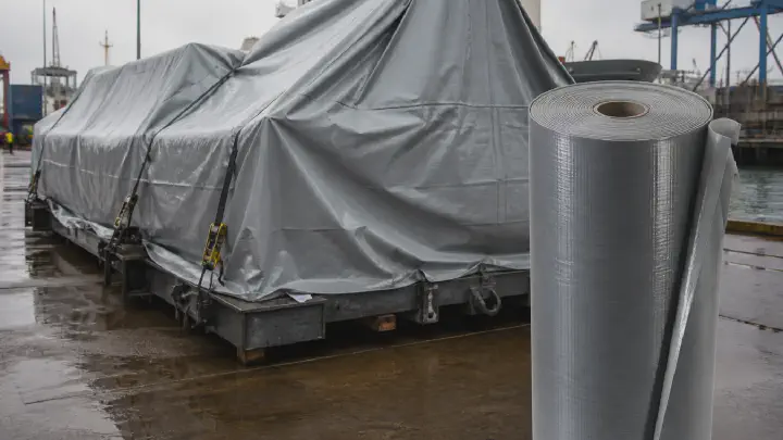 Outdoor cargo covered with laminated woven fabric and a matching roll