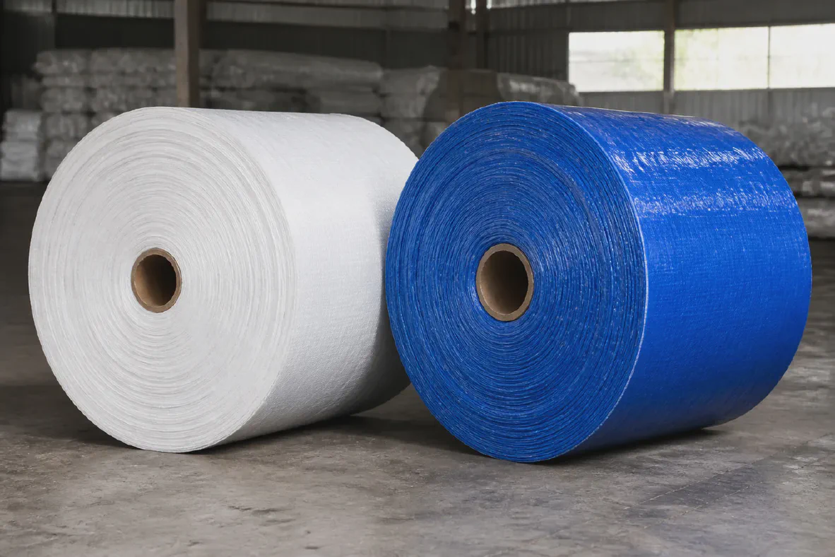 White PP woven roll beside a blue PE laminated tarpaulin roll