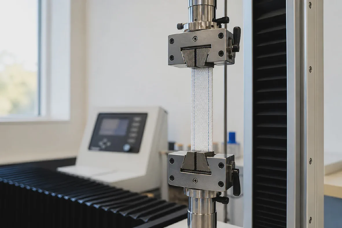 Tensile tester clamping a PP woven fabric strip