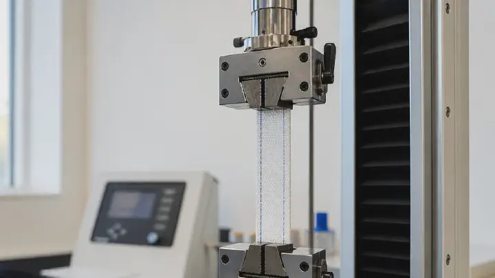 Tensile tester clamping a PP woven fabric strip