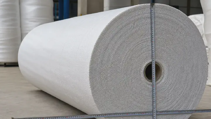Measuring width and diameter of a woven fabric roll