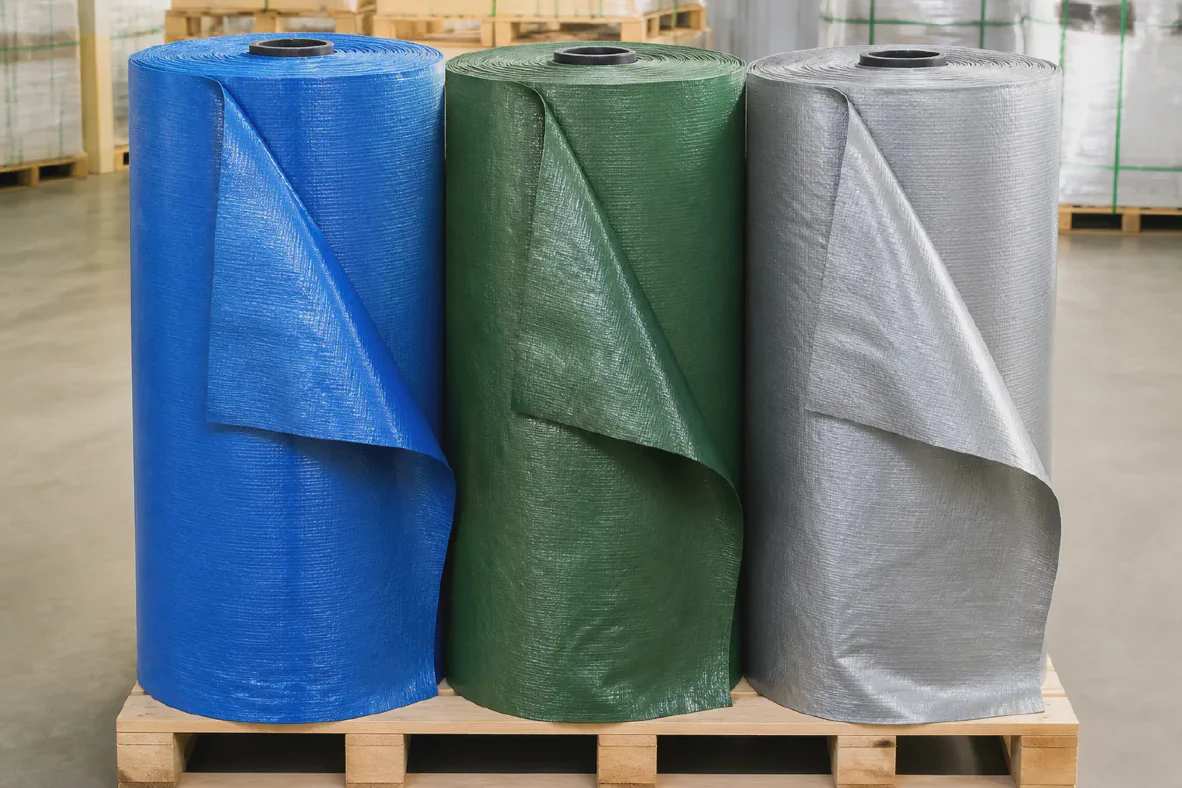 Blue, green and gray laminated tarpaulin fabric rolls