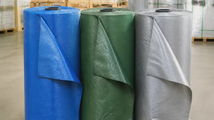Blue, green and gray laminated tarpaulin fabric rolls