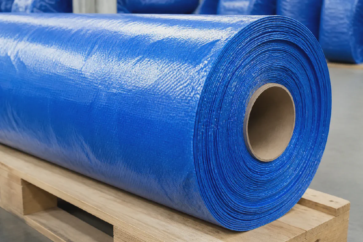 Blue PE laminated tarpaulin fabric roll on a pallet