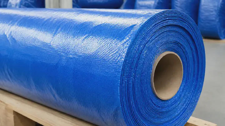 Blue PE laminated tarpaulin fabric roll on a pallet