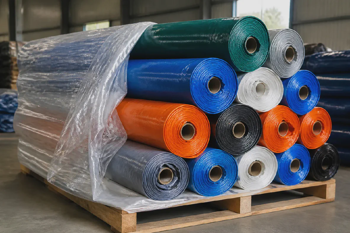 Mixed-color laminated tarpaulin fabric rolls on an export pallet