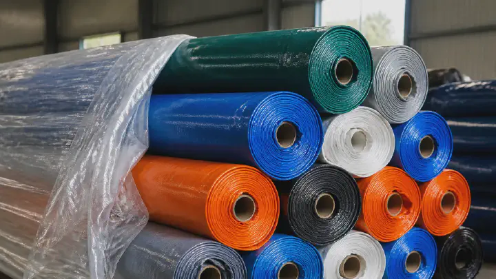 Mixed-color laminated tarpaulin fabric rolls on an export pallet