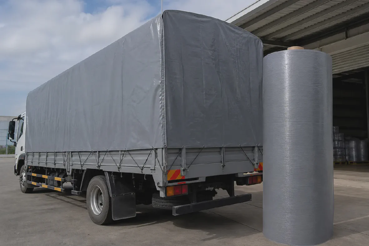 Truck cover beside a laminated woven tarpaulin fabric roll