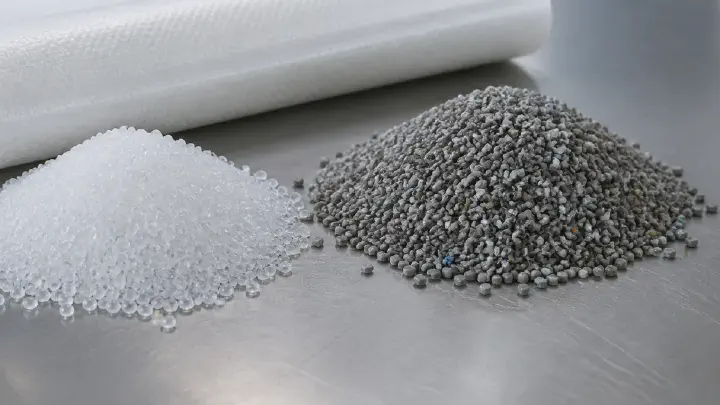Virgin and recycled PP pellets with a woven fabric roll