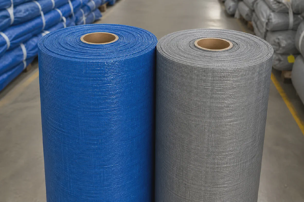 PE laminated tarpaulin fabric rolls standing in a warehouse