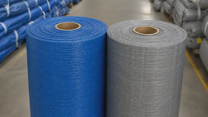 PE laminated tarpaulin fabric rolls standing in a warehouse