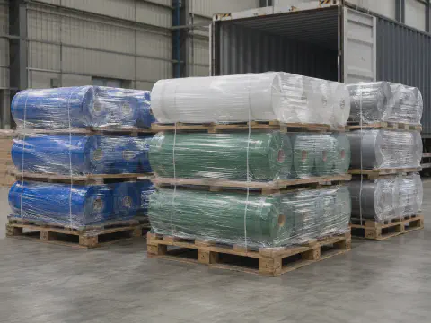 Blue heavy-duty tarpaulin rolls packed for export shipment