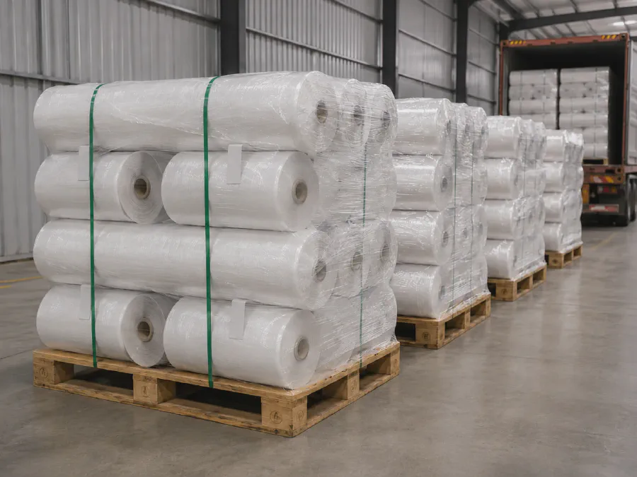 Clear transparent PE woven cover rolls packed for export shipment