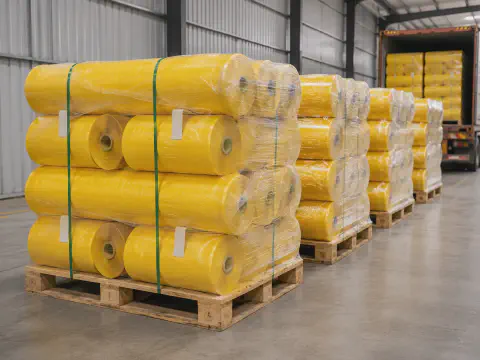Yellow PP woven fabric rolls packed on pallets for export shipment